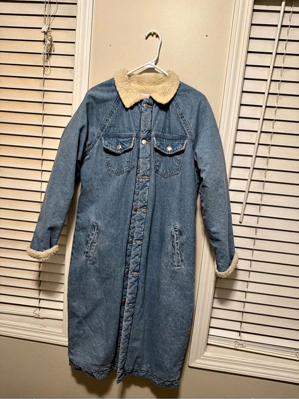 Denim Sherpa-Lined Long Coat in Blue Like New